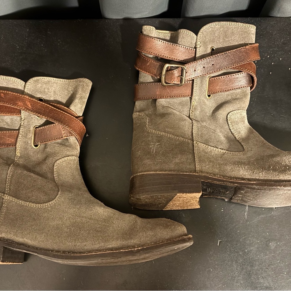 FRYE Brown and Tan Suede Boots with Buckle Straps